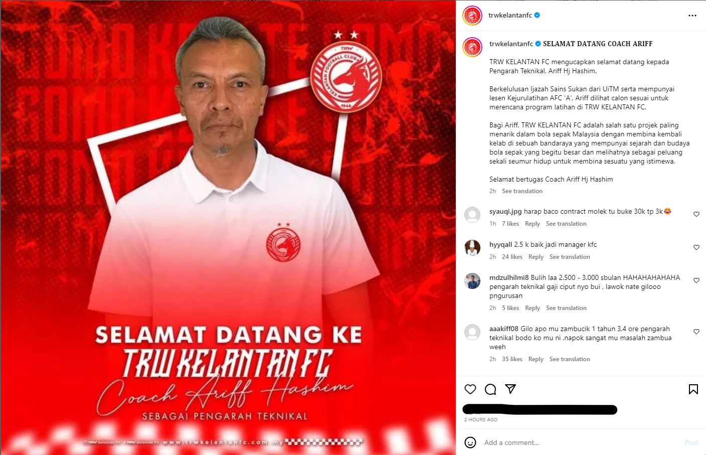 Coach Ariff Pengarah Teknikal Baharu Kelantan FC