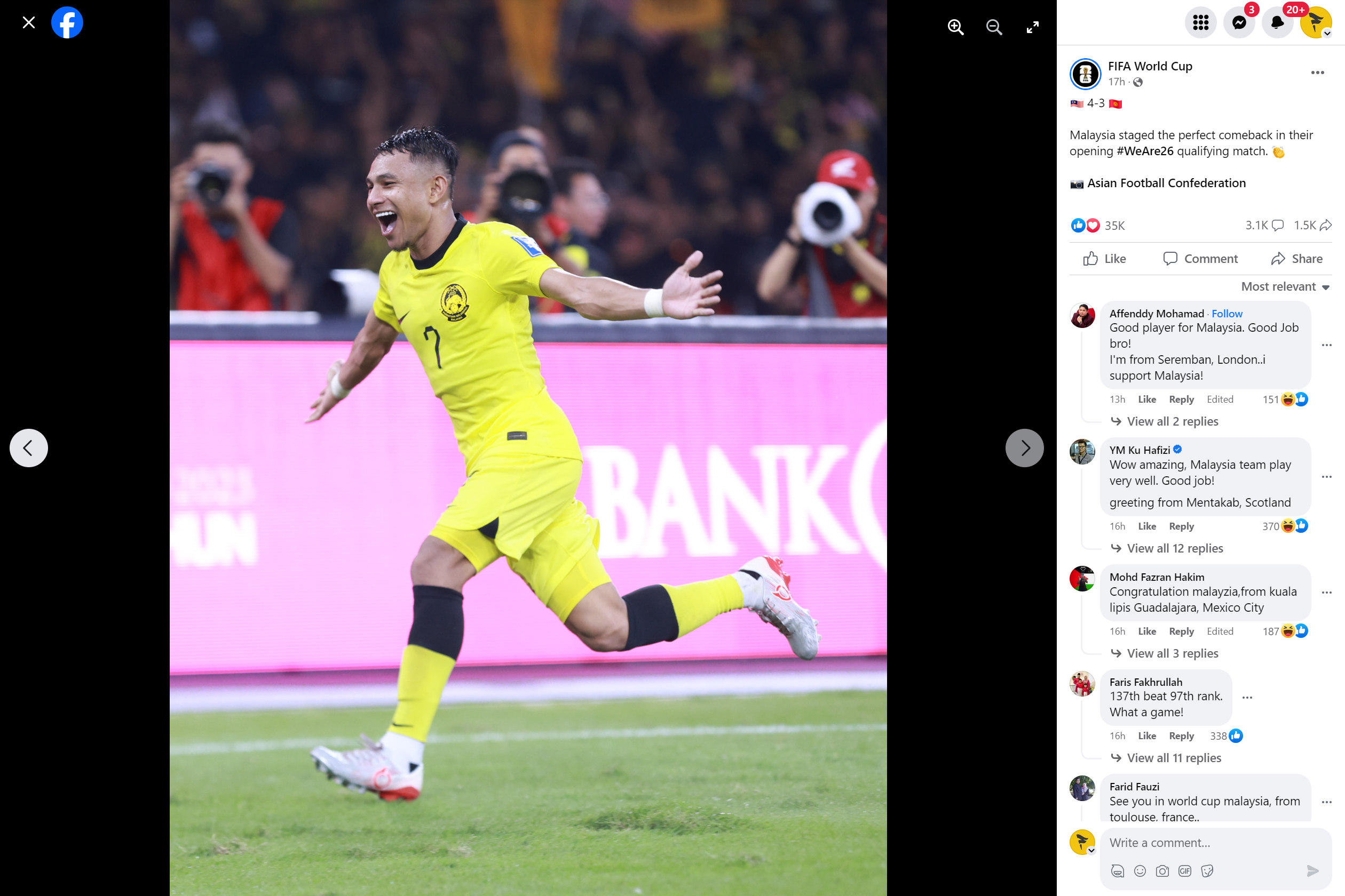 Foto Faisal Raikan Gol Kemenangan ‘Mendunia’ Di Akaun Media Sosial Rasmi Piala Dunia FIFA