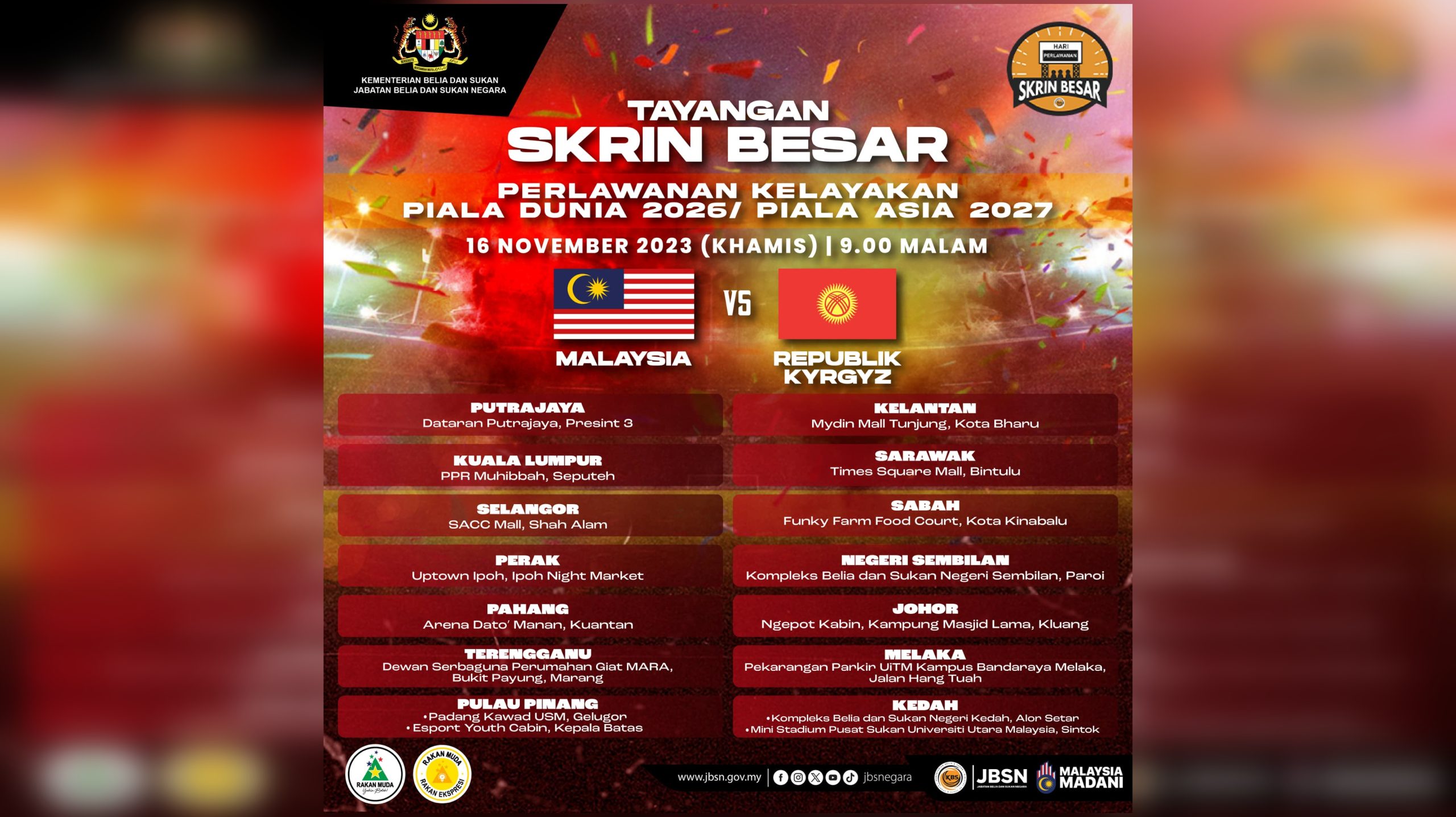 Malaysia vs Kyrgyzstan: KBS Sedia Tayangan Skrin Besar Di 16 Lokasi Seluruh Negara
