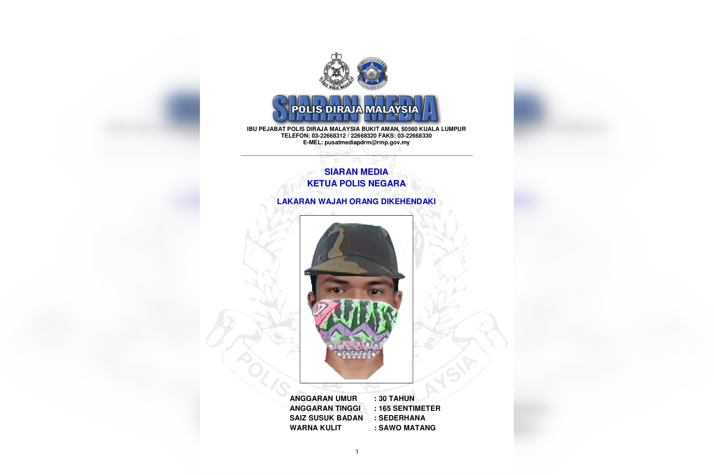 Polis Dedah Fotofit Suspek Simbah Asid ‘Mickey’ – Anggaran Usia 30 Tahun