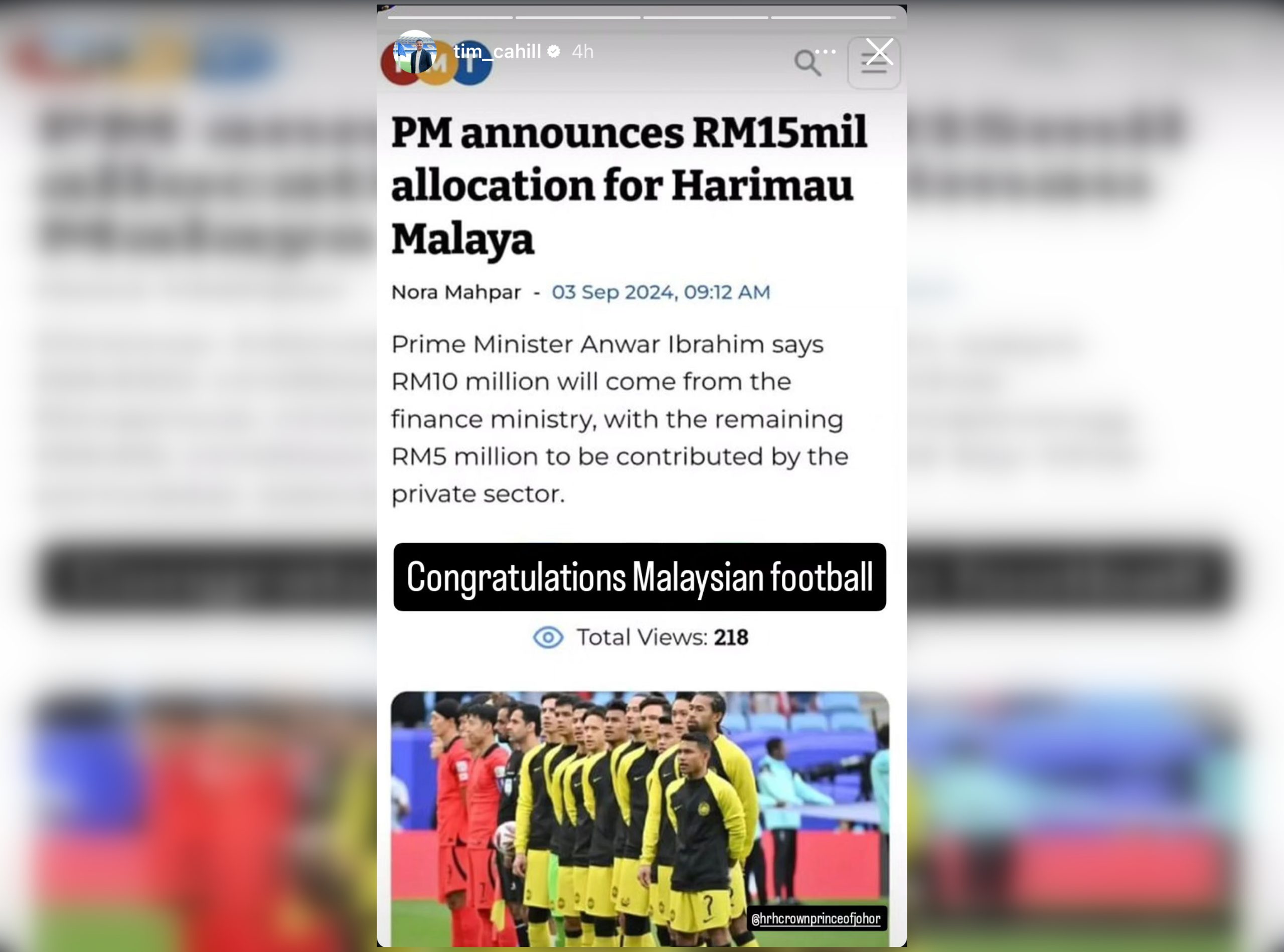Pemberian RM15 Juta PM Anwar Kepada Harimau Malaya Dapat Ucapan Tahniah Daripada Tim Cahill